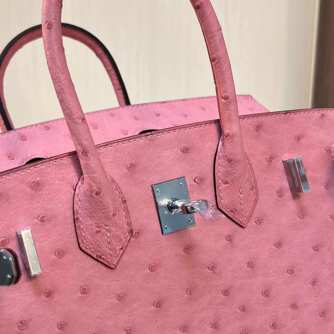 现货 BK 25cm Ostrich 原厂kk进口鸵鸟皮 1Q奶昔粉 银扣 全手工蜡线缝 Phw