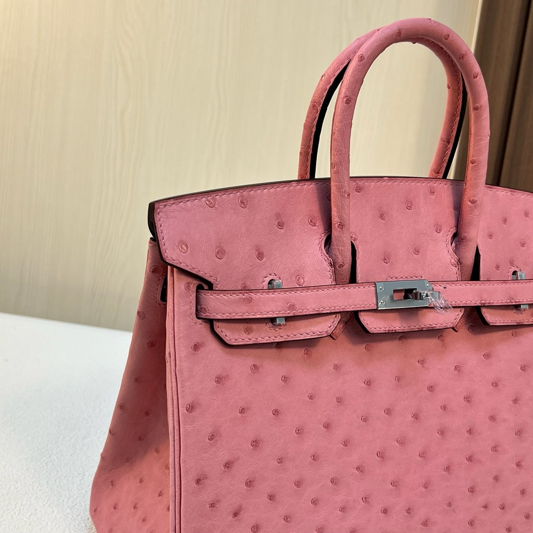 现货 BK 25cm Ostrich 原厂kk进口鸵鸟皮 1Q奶昔粉 银扣 全手工蜡线缝 Phw