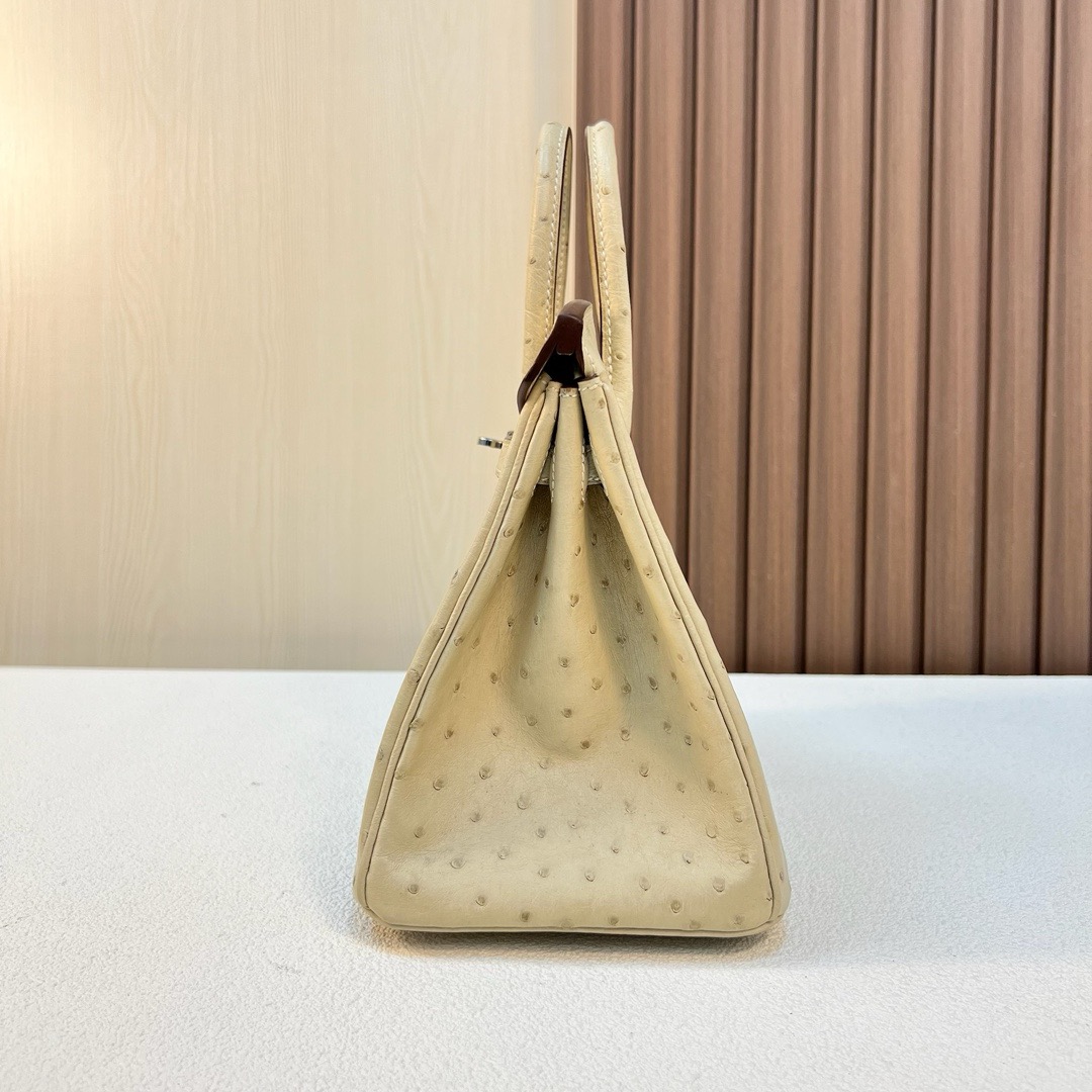 现 BK 25cm Ostrich 原厂KK进口鸵鸟皮 2S风衣灰 金扣 全手工蜡线缝 Phw