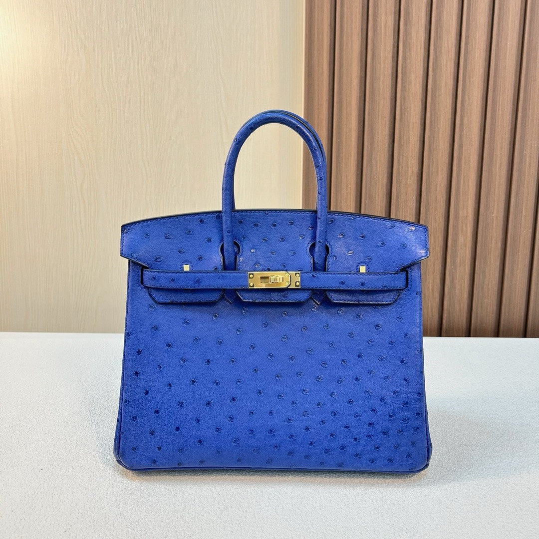 HM BK 25cm Ostrich 原厂KK进口鸵鸟皮 I7 Blue zellige琉璃蓝 金扣 全手工蜡线缝 Ghw
