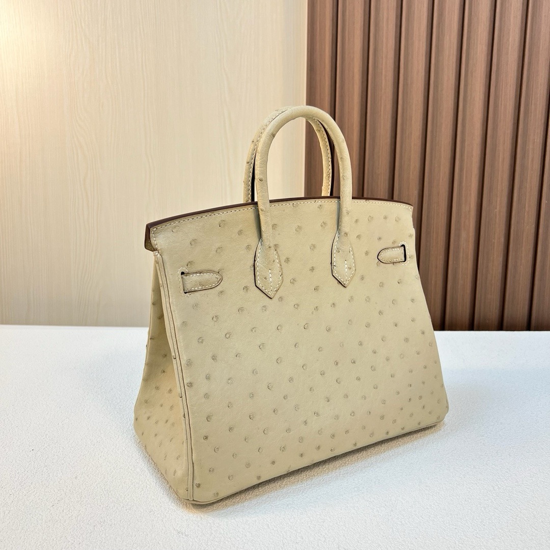 现 BK 25cm Ostrich 原厂KK进口鸵鸟皮 2S风衣灰 金扣 全手工蜡线缝 Phw