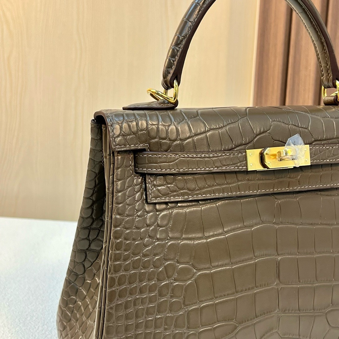 HM KL 25cm 雾面美洲鳄鱼 M1新大象灰 金扣 全手工蜡线缝 Ghw