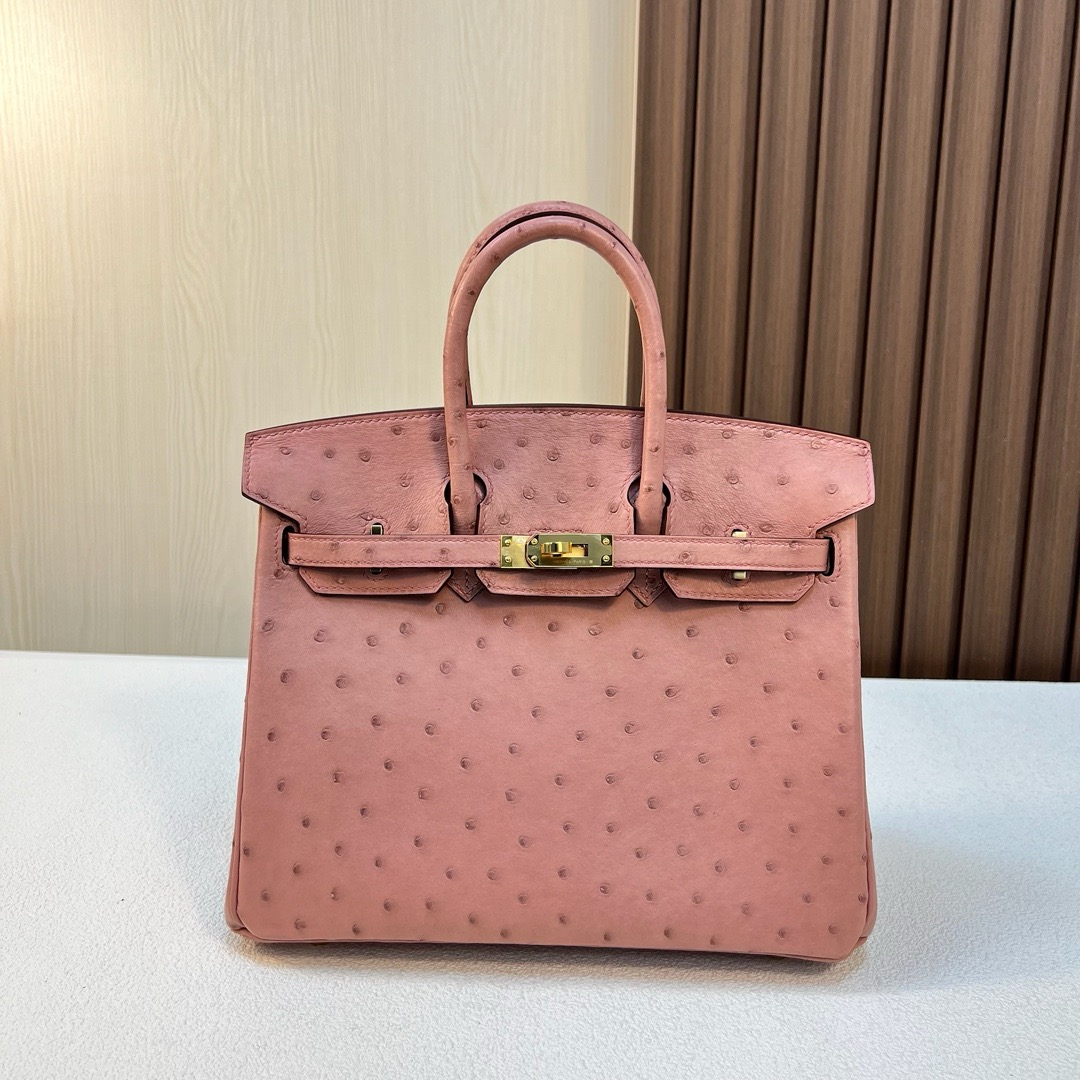 现货 BK 25cm Ostrich 原厂KK进口鸵鸟皮 CC94 terre cuite 陶瓷粉 金扣 全手工蜡线缝 Ghw