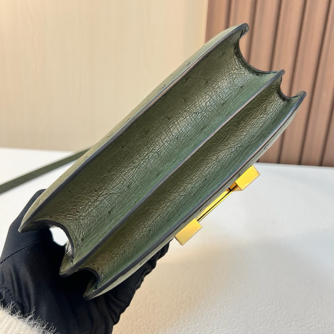 Constance 18cm Ostrich 原厂kk进口鸵鸟皮 V6丛林绿 金扣 全手工缝 Ghw