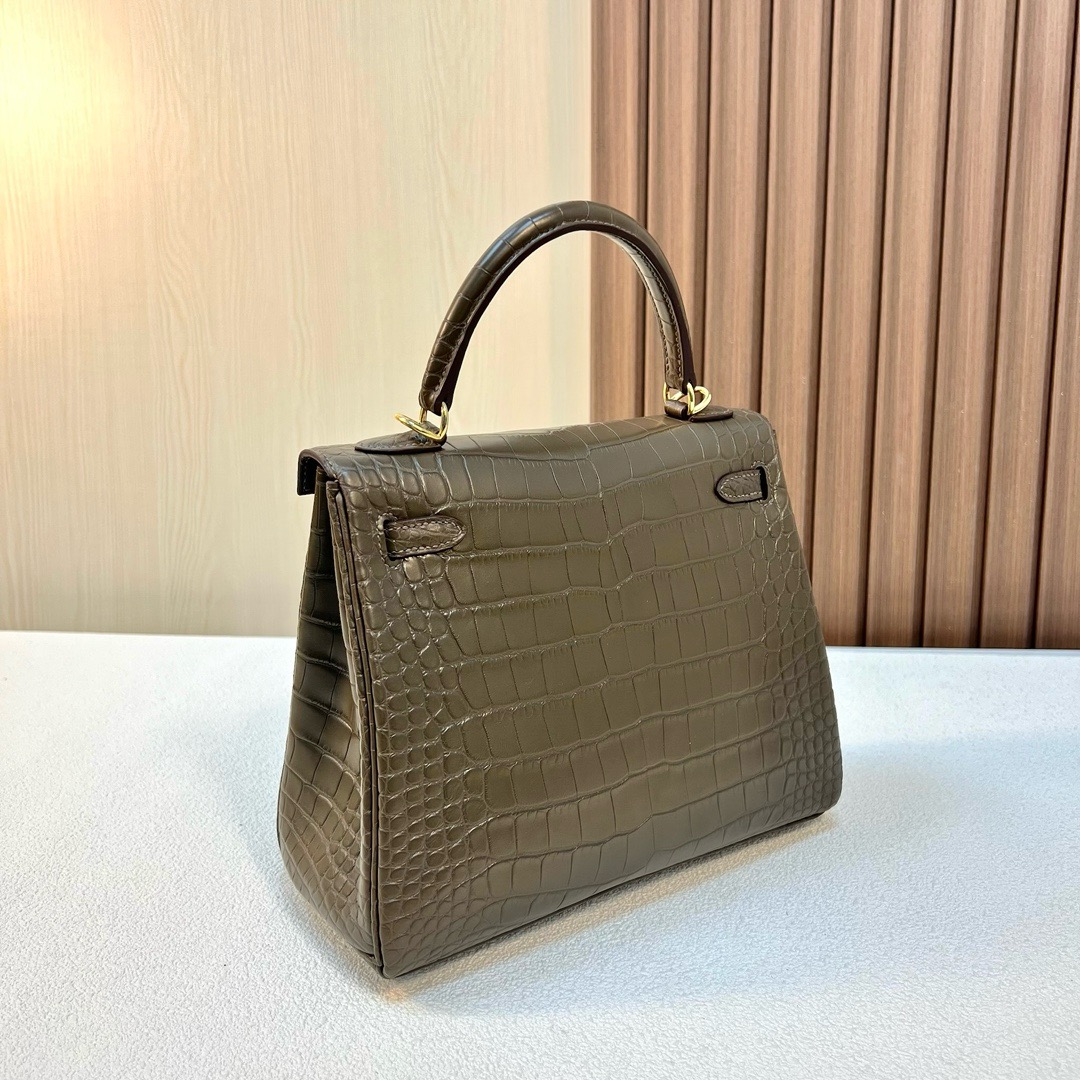 HM KL 25cm 雾面美洲鳄鱼 M1新大象灰 金扣 全手工蜡线缝 Ghw