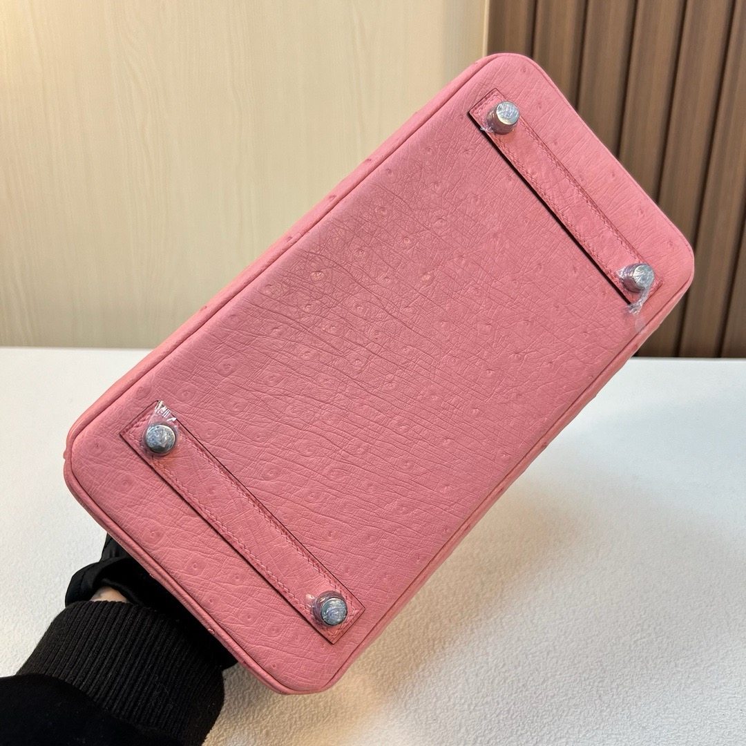 现货 BK 25cm Ostrich 原厂kk进口鸵鸟皮 1Q奶昔粉 银扣 全手工蜡线缝 Phw
