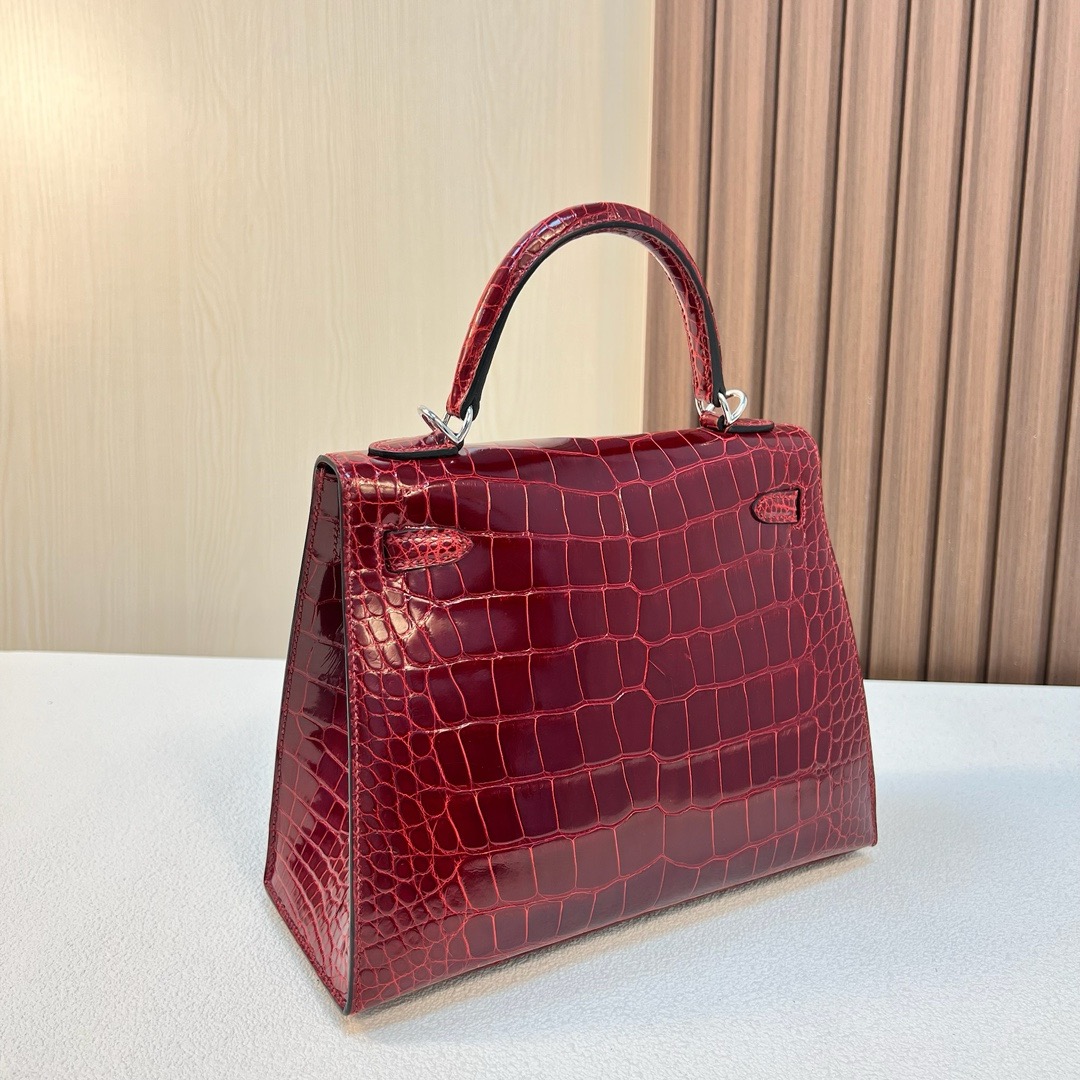 现货 KL 25cm 亮面美洲鳄鱼 CK55 Rouge H 爱马仕红 银扣 Shiny Alligator Crocodile 全手工蜡线缝 Phw