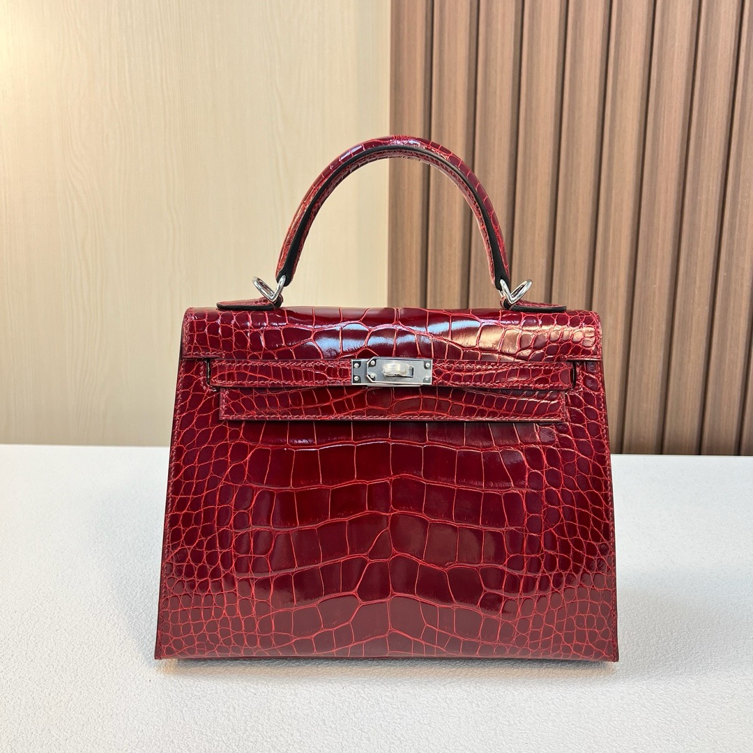 现货 KL 25cm 亮面美洲鳄鱼 CK55 Rouge H 爱马仕红 银扣 Shiny Alligator Crocodile 全手工蜡线缝 Phw