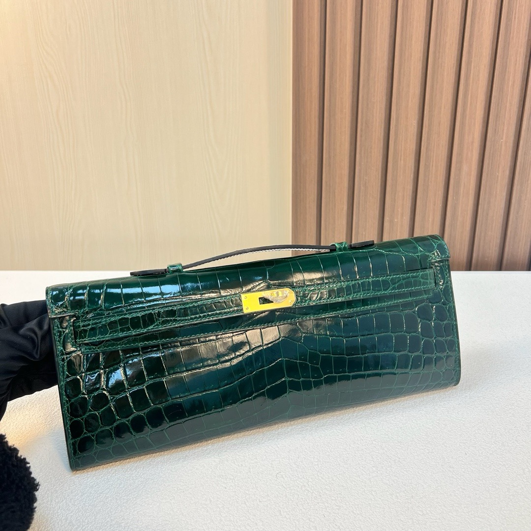 HM KL cut 31cm 亮面尼罗鳄鱼 CC67 Vert Fonce 祖母绿 金扣 shiny nilo crocodile 全手工蜡线缝 ghw