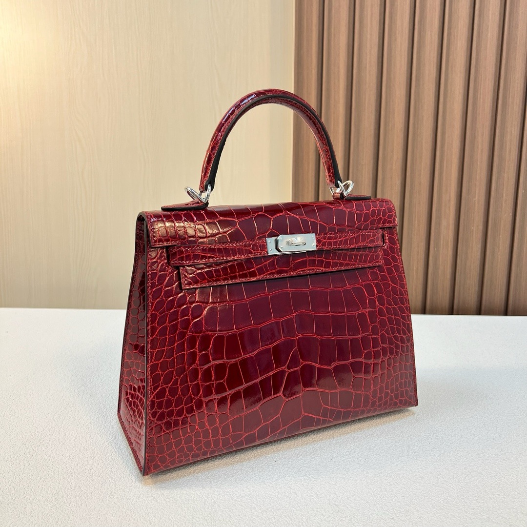 现货 KL 25cm 亮面美洲鳄鱼 CK55 Rouge H 爱马仕红 银扣 Shiny Alligator Crocodile 全手工蜡线缝 Phw