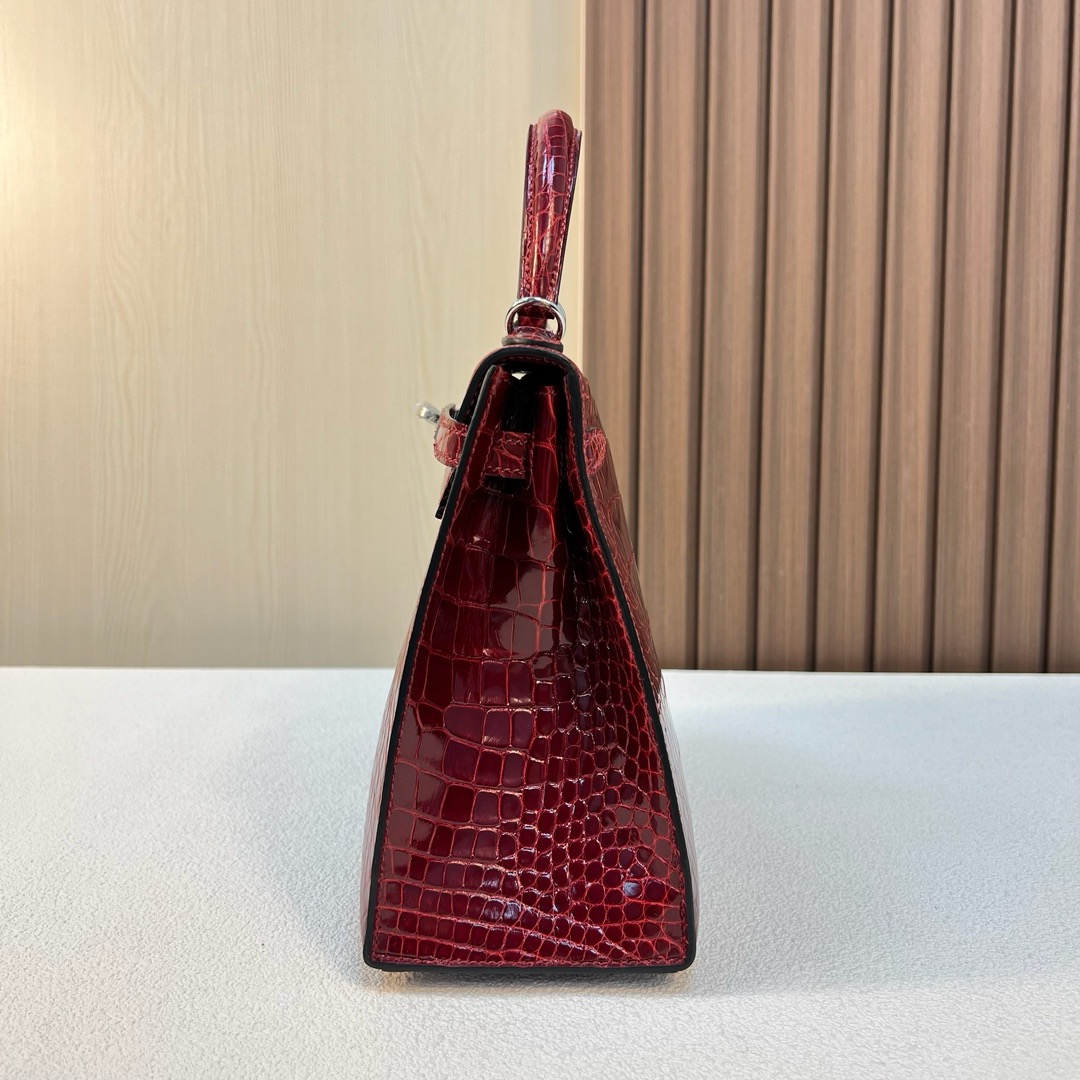 现货 KL 25cm 亮面美洲鳄鱼 CK55 Rouge H 爱马仕红 银扣 Shiny Alligator Crocodile 全手工蜡线缝 Phw