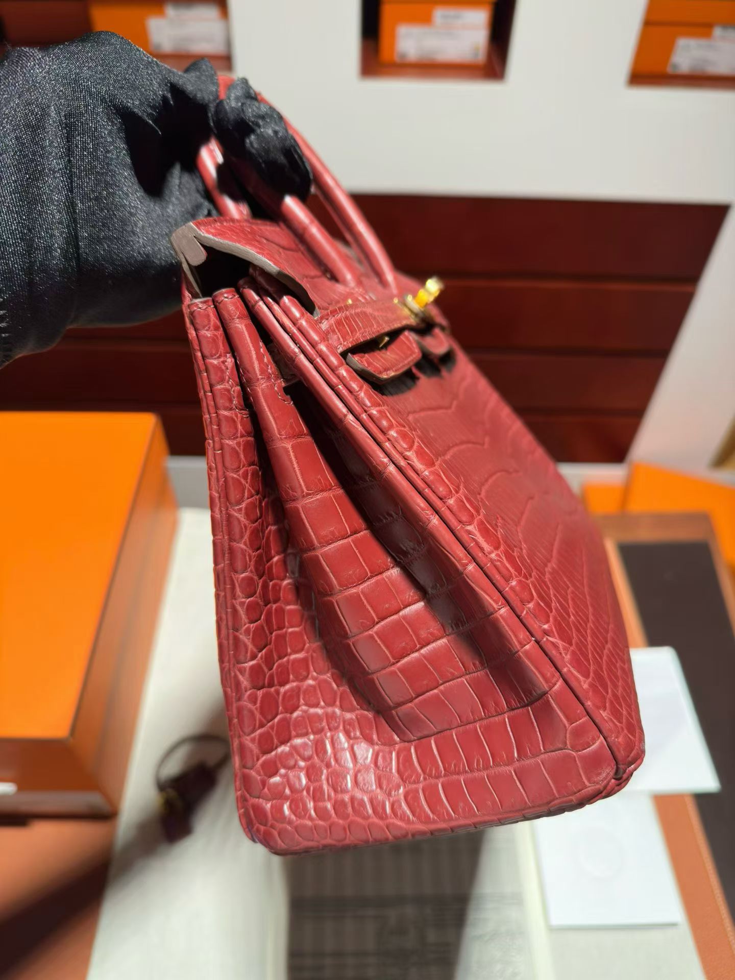 B25 雾面 倒V鳄鱼🐊 Rouge H爱马仕红 金扣